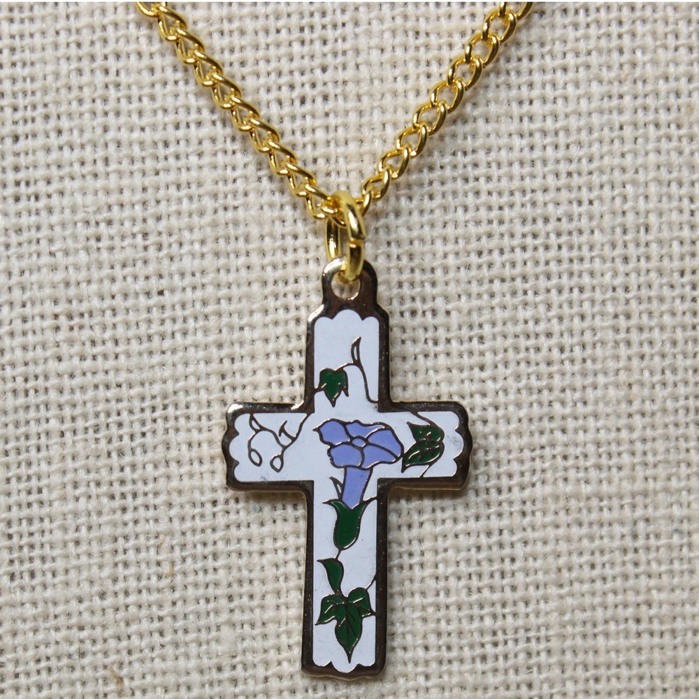 Enamel Cross Necklace Morning Glory Floral Pendant 23.5" Gold Tone White Purple